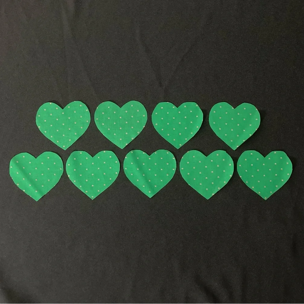 Vintage 1990s Set of 9 Green Floral Heart Shaped Fabric Scraps 5” x 4.5”